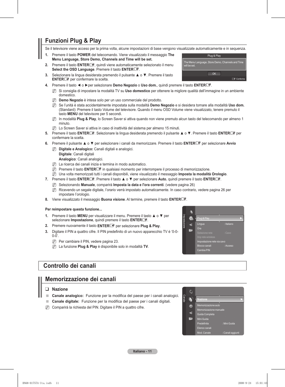 Funzioni plug & play, Nazione | Samsung PS63A756T1MXXC User Manual | Page 214 / 337