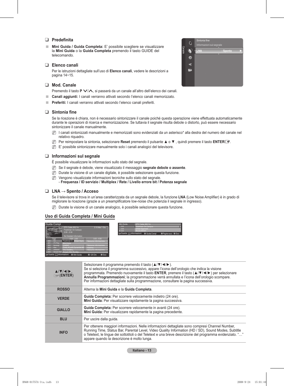 Predefinita, Elenco canali, Mod. canale | Sintonia fine, Informazioni sul segnale, Lna → spento / acceso, Uso di guida completa / mini guida | Samsung PS63A756T1MXXC User Manual | Page 216 / 337