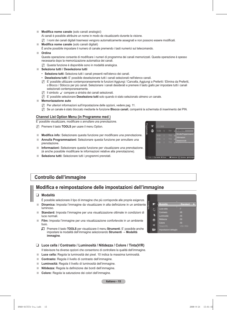 Channel list option menu (in programme med ), Modalità | Samsung PS63A756T1MXXC User Manual | Page 218 / 337