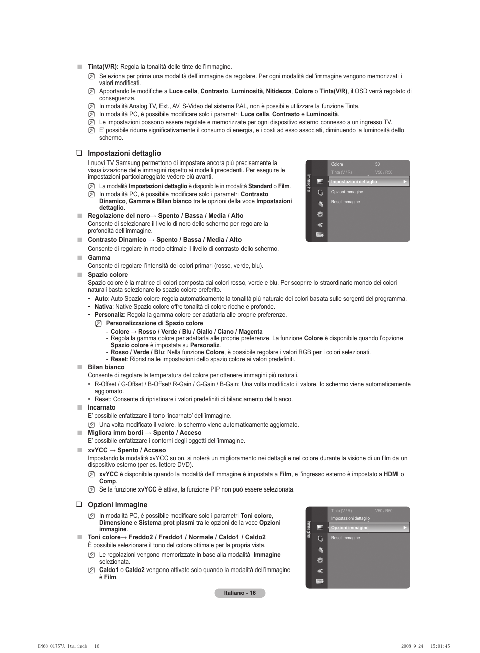 Impostazioni dettaglio, Opzioni immagine | Samsung PS63A756T1MXXC User Manual | Page 219 / 337