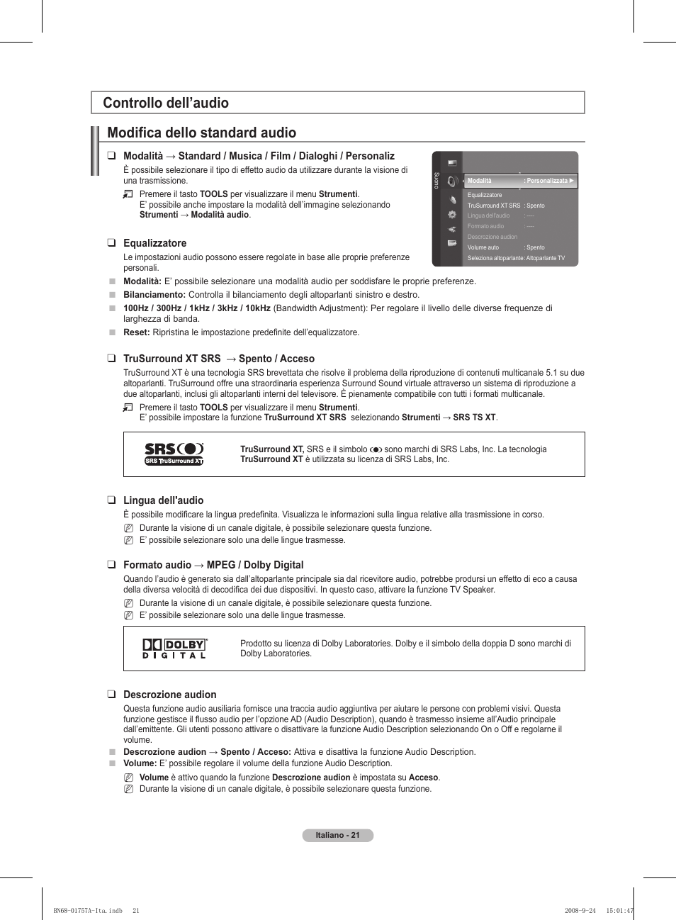 Controllo dell’audio modifica dello standard audio | Samsung PS63A756T1MXXC User Manual | Page 224 / 337