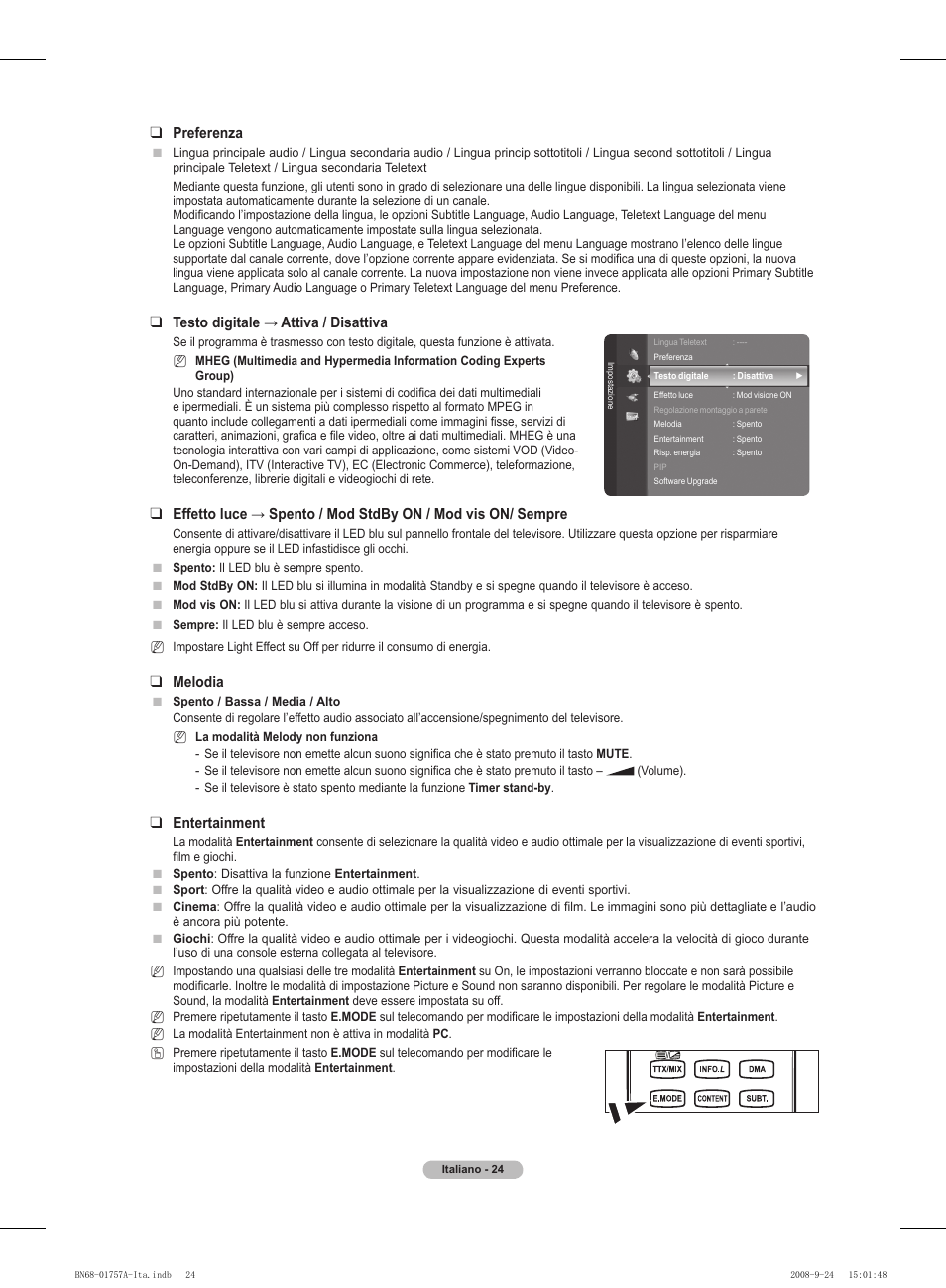 Preferenza, Testo digitale → attiva / disattiva, Melodia | Entertainment | Samsung PS63A756T1MXXC User Manual | Page 227 / 337