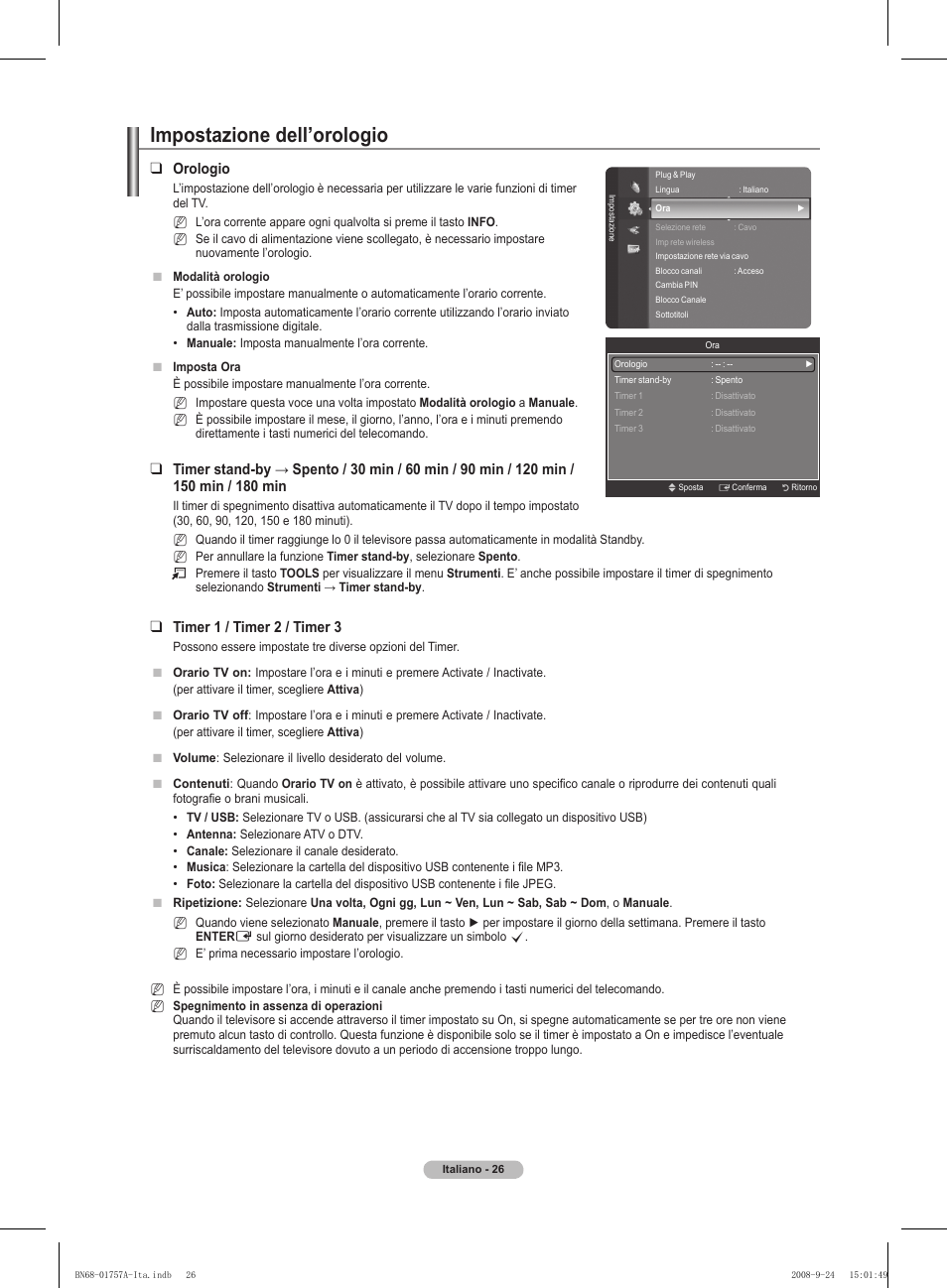 Impostazione dell’orologio, Orologio, Timer 1 / timer  / timer 3 | Samsung PS63A756T1MXXC User Manual | Page 229 / 337