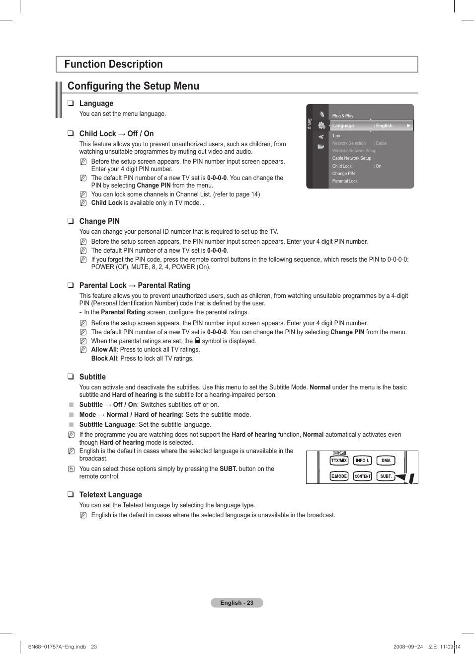Configuring the setup menu, Function description | Samsung PS63A756T1MXXC User Manual | Page 23 / 337