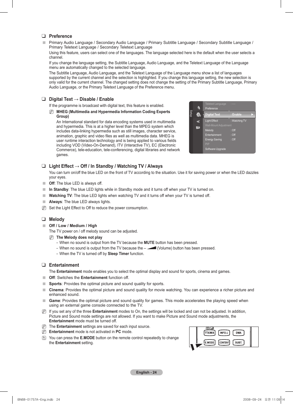 Preference, Digital text → disable / enable, Melody | Entertainment | Samsung PS63A756T1MXXC User Manual | Page 24 / 337