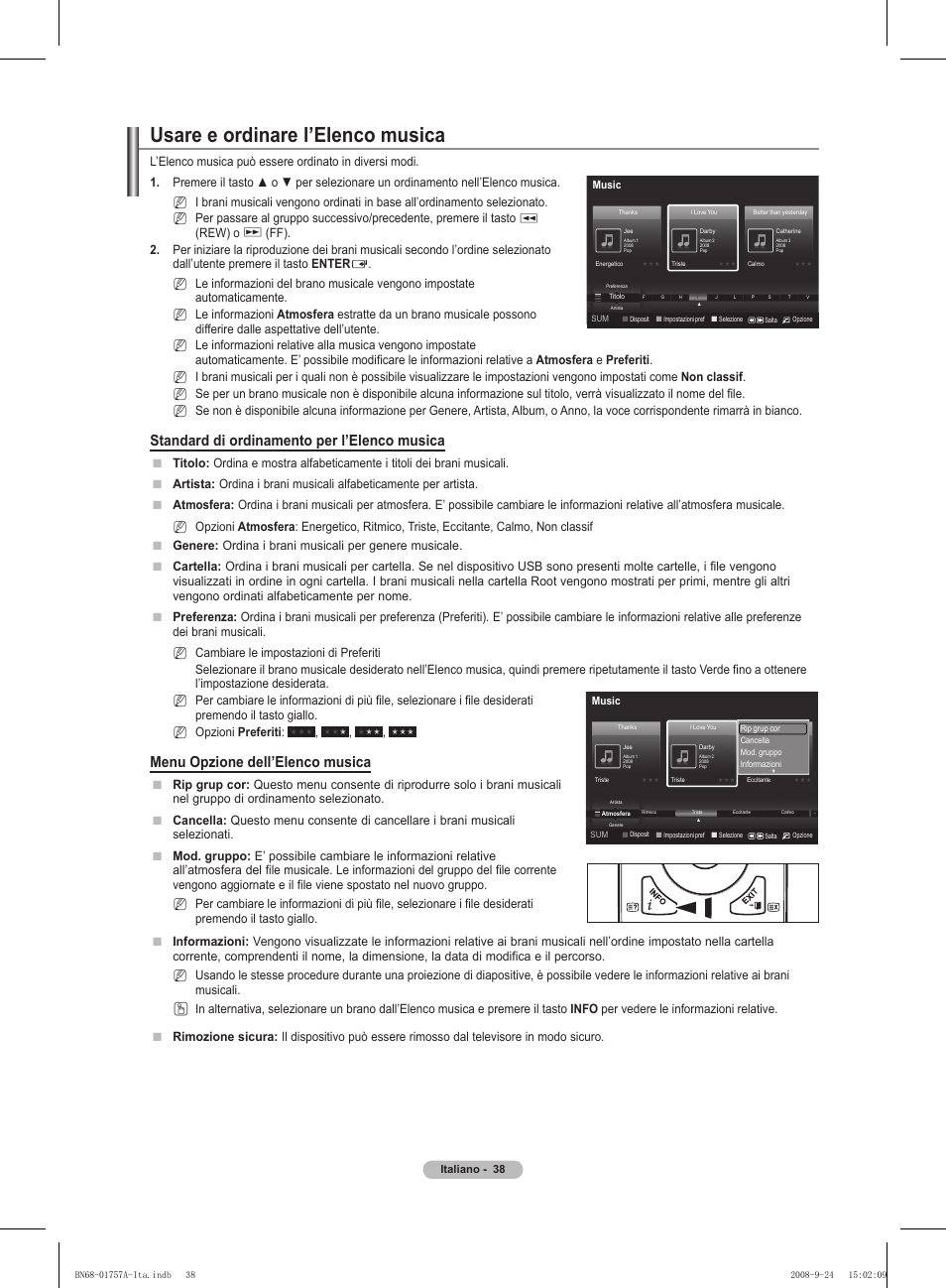 Usare e ordinare l’elenco musica, Standard di ordinamento per l’elenco musica, Menu opzione dell’elenco musica | Rew) o | Samsung PS63A756T1MXXC User Manual | Page 241 / 337