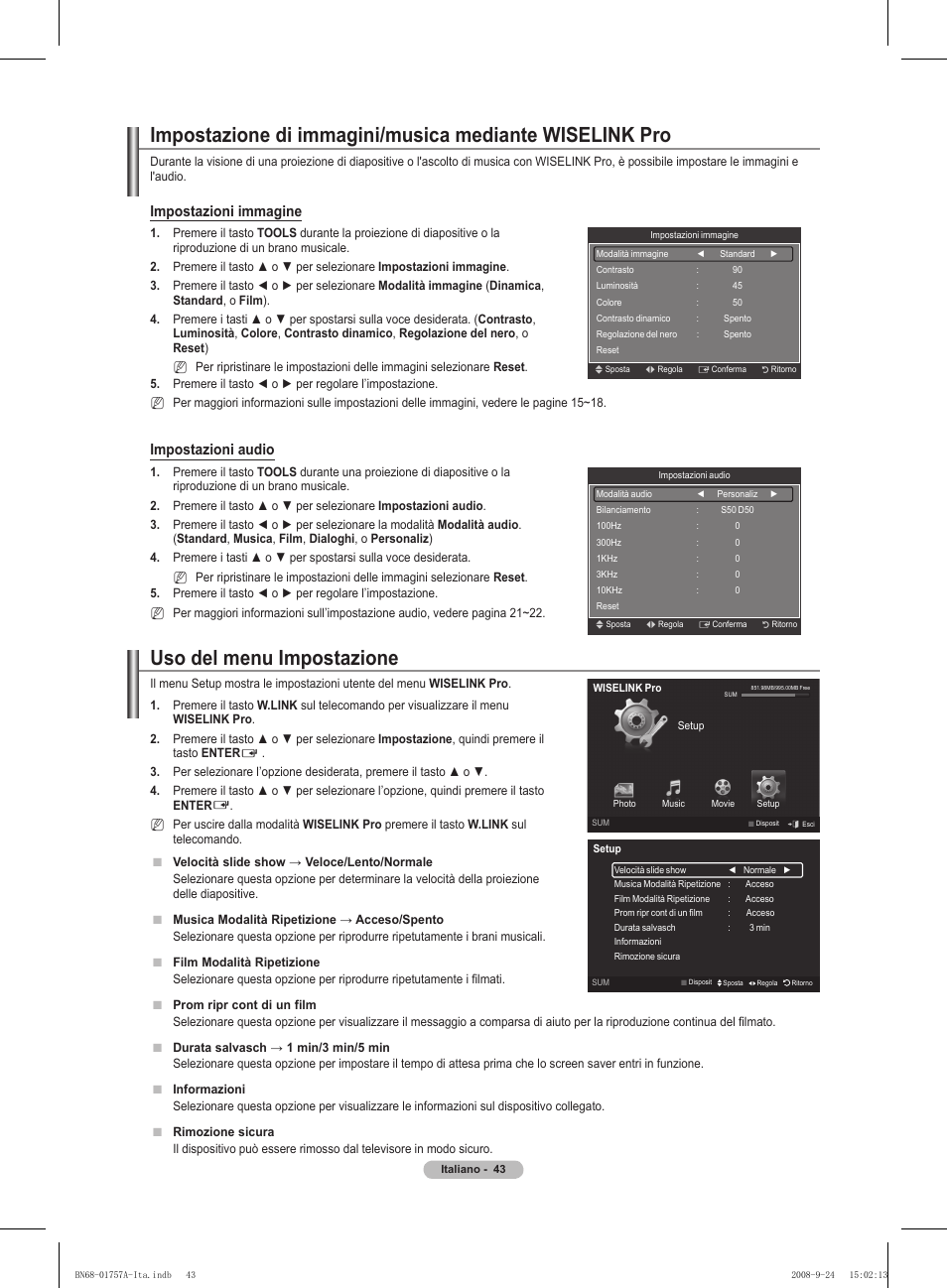 Uso del menu impostazione, Impostazioni immagine, Impostazioni audio | Samsung PS63A756T1MXXC User Manual | Page 246 / 337