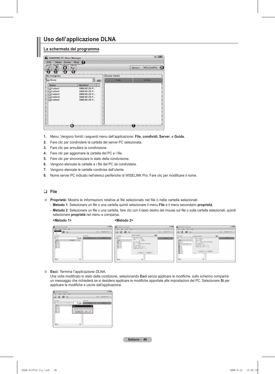 Uso dell’applicazione dlna, La schermata del programma, File | Samsung PS63A756T1MXXC User Manual | Page 249 / 337