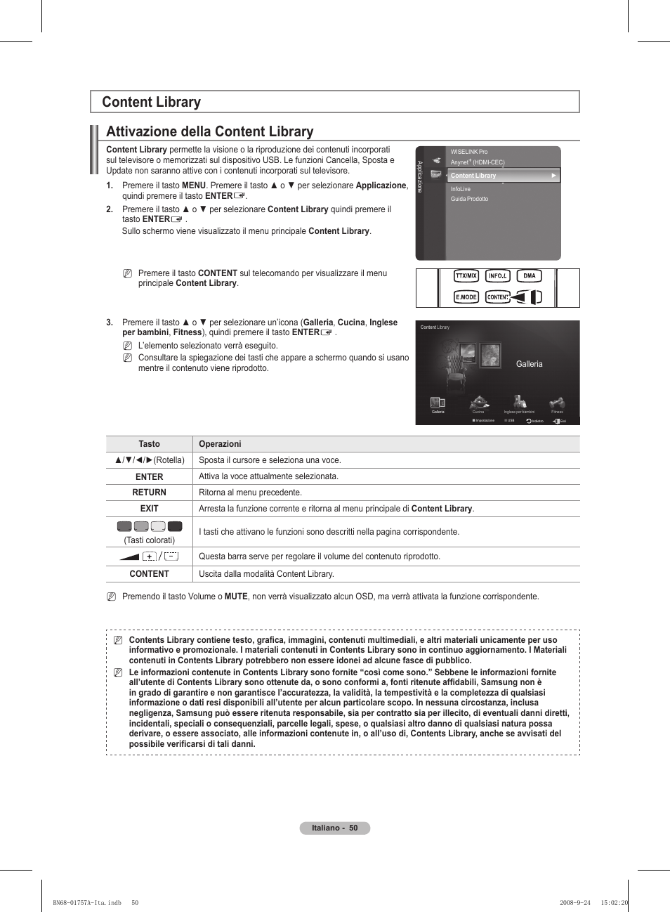 Attivazione della content library, Content library | Samsung PS63A756T1MXXC User Manual | Page 253 / 337