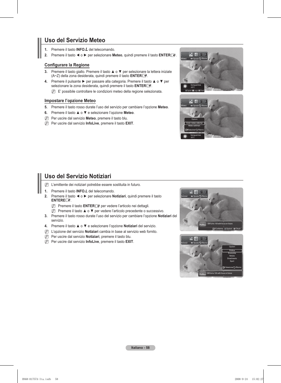 Uso del servizio meteo, Uso del servizio notiziari, Configurare la regione | Impostare l’opzione meteo | Samsung PS63A756T1MXXC User Manual | Page 261 / 337