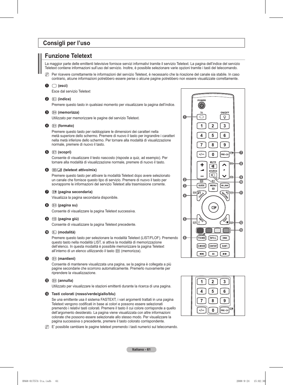Consigli per l’uso funzione teletext | Samsung PS63A756T1MXXC User Manual | Page 264 / 337