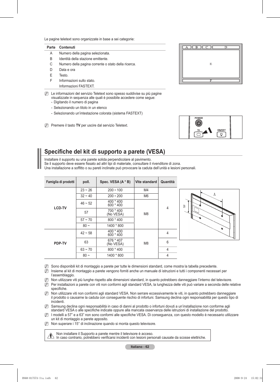 Specifiche del kit di supporto a parete (vesa) | Samsung PS63A756T1MXXC User Manual | Page 265 / 337