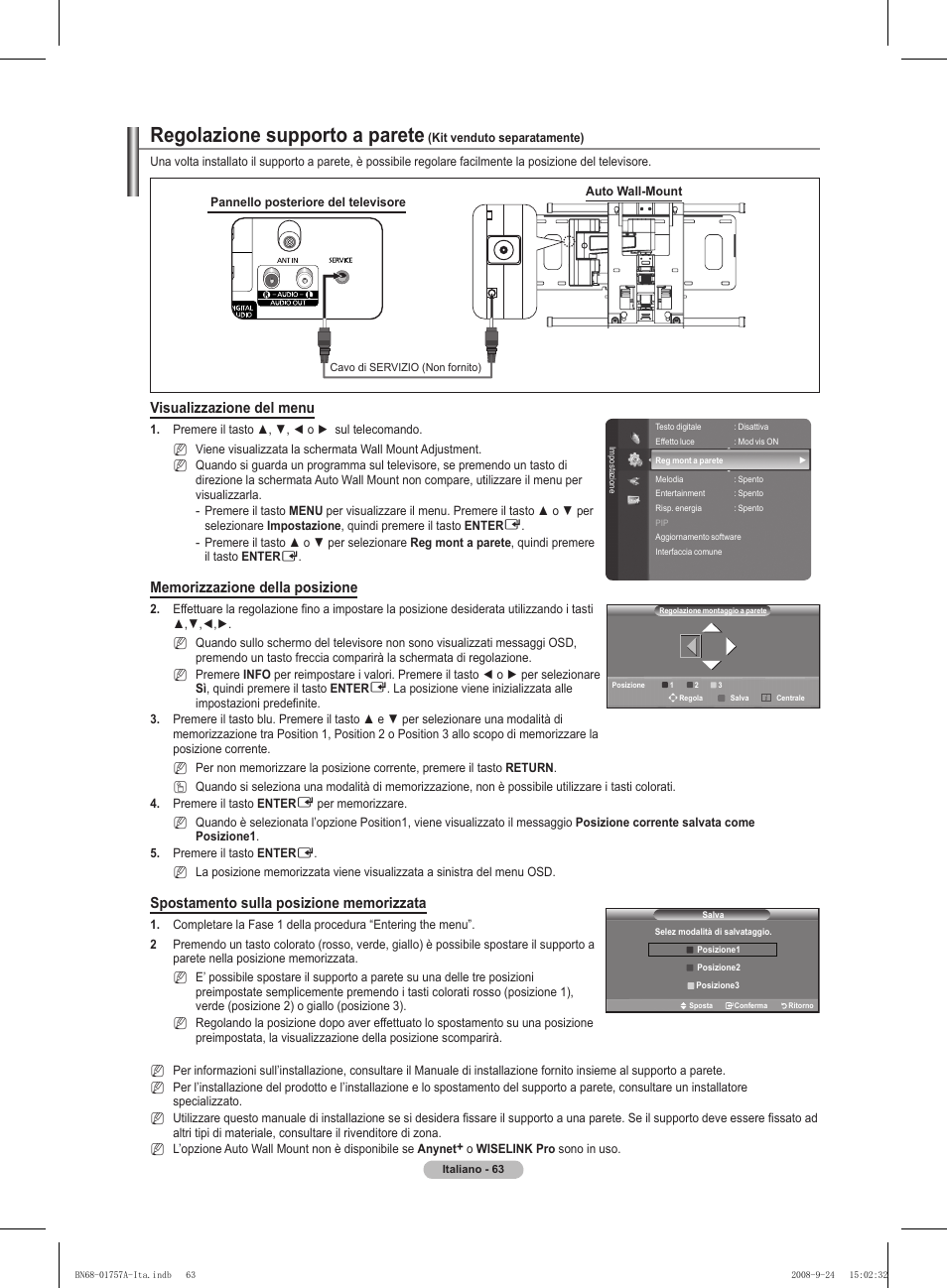 Regolazione supporto a parete, Visualizzazione del menu | Samsung PS63A756T1MXXC User Manual | Page 266 / 337