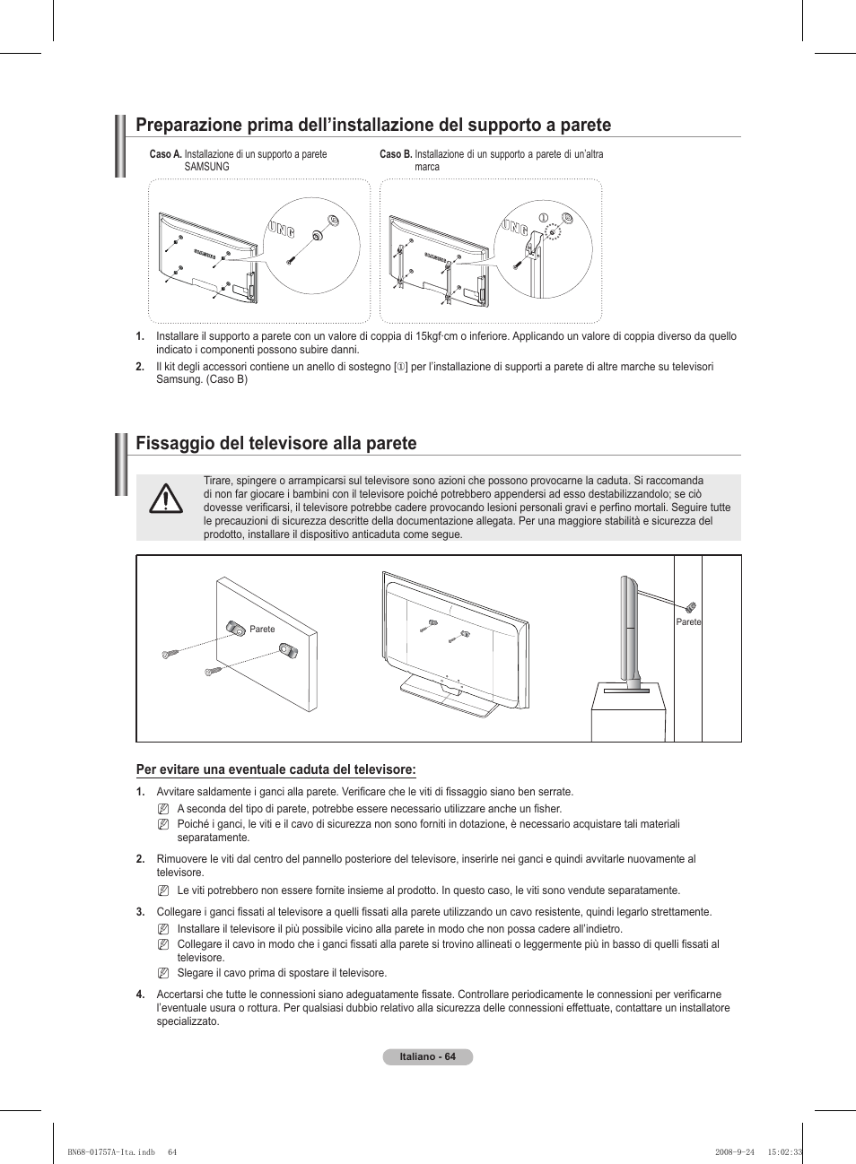 경고 주의 경고 주의, Fissaggio del televisore alla parete | Samsung PS63A756T1MXXC User Manual | Page 267 / 337