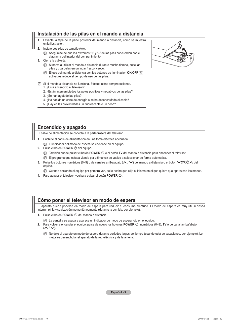 Instalación de las pilas en el mando a distancia, Encendido y apagado, Cómo poner el televisor en modo de espera | Samsung PS63A756T1MXXC User Manual | Page 279 / 337