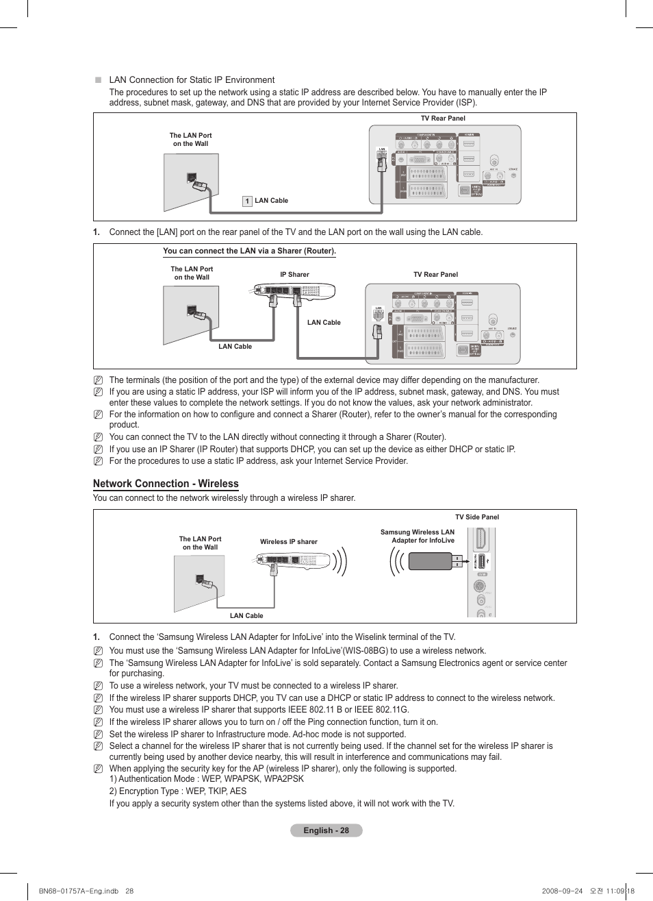Network connection - wireless | Samsung PS63A756T1MXXC User Manual | Page 28 / 337
