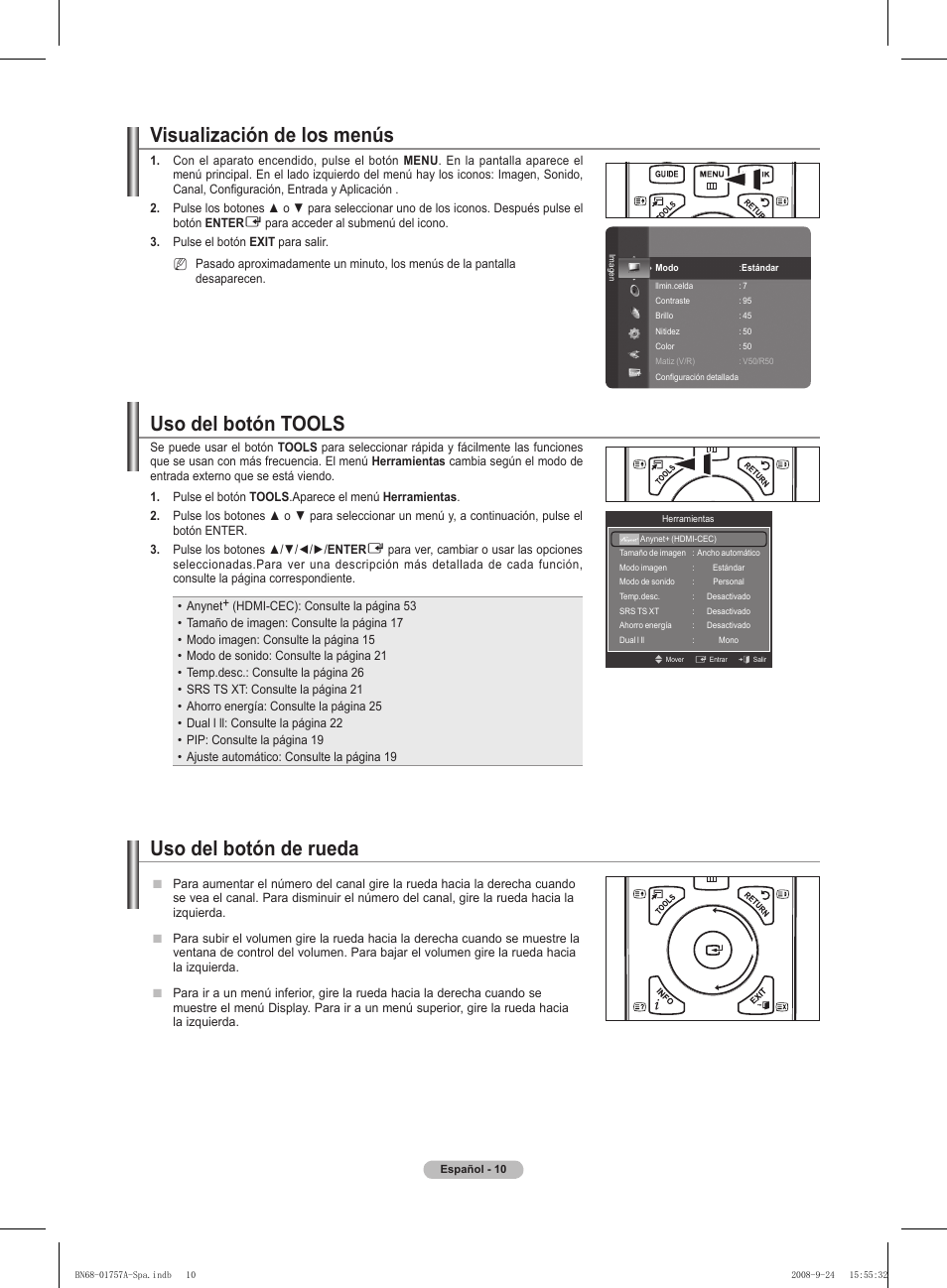 Visualización de los menús, Uso del botón tools, Uso del botón de rueda | Samsung PS63A756T1MXXC User Manual | Page 280 / 337