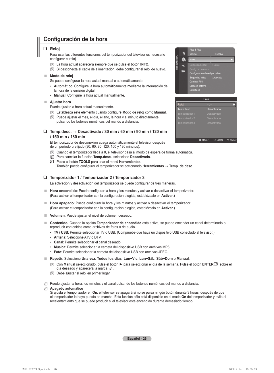 Configuración de la hora, Reloj, Temporizador 1 / temporizador  / temporizador 3 | Samsung PS63A756T1MXXC User Manual | Page 296 / 337