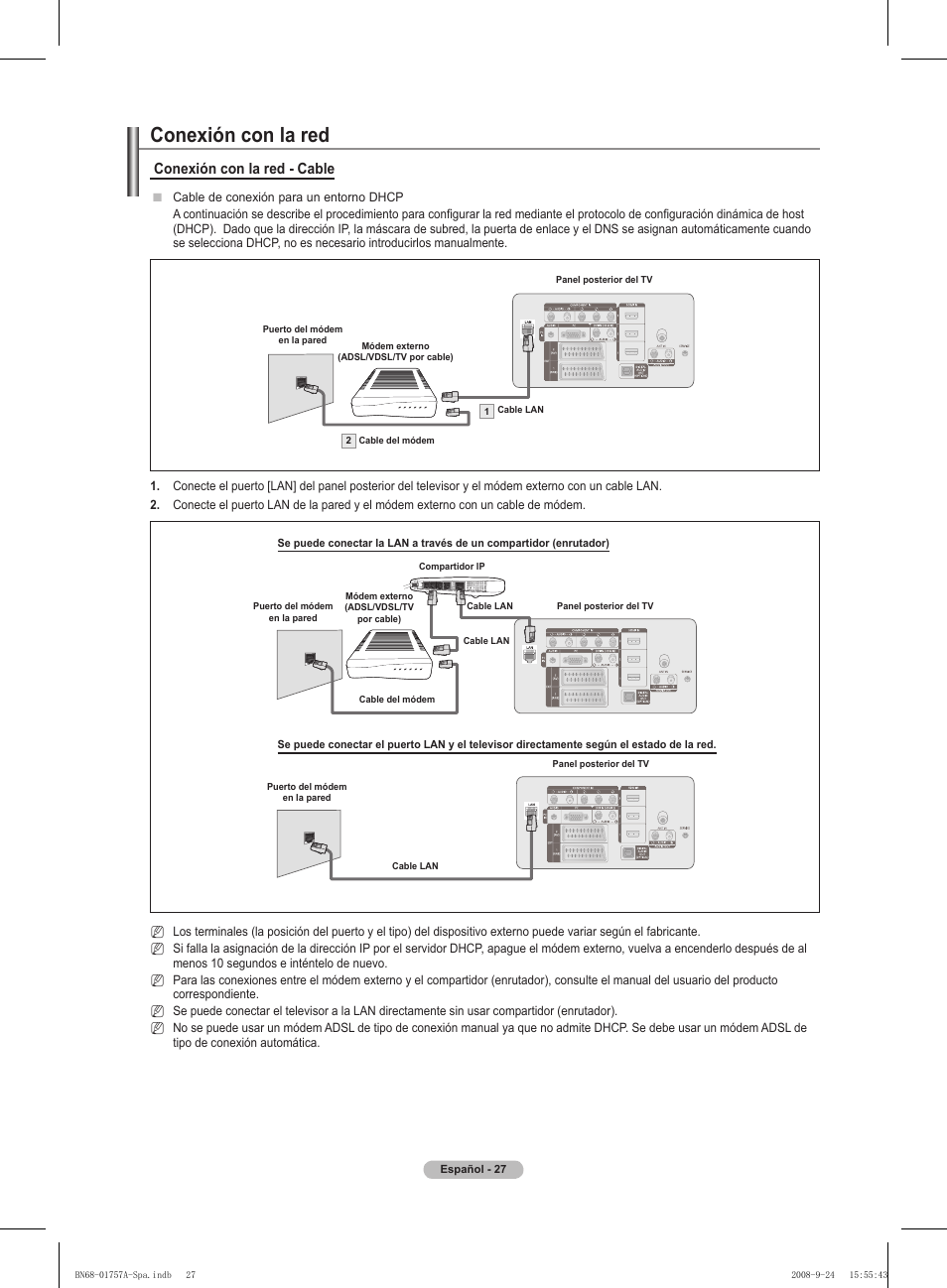 Conexión con la red, Conexión con la red - cable | Samsung PS63A756T1MXXC User Manual | Page 297 / 337