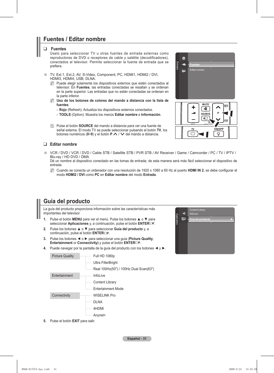 Guía del producto, Fuentes / editar nombre | Samsung PS63A756T1MXXC User Manual | Page 301 / 337