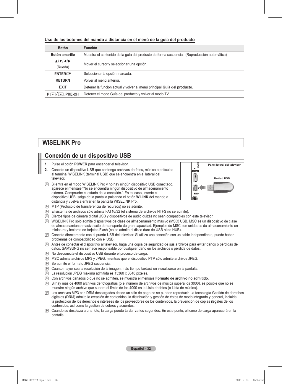 Wiselink pro conexión de un dispositivo usb | Samsung PS63A756T1MXXC User Manual | Page 302 / 337