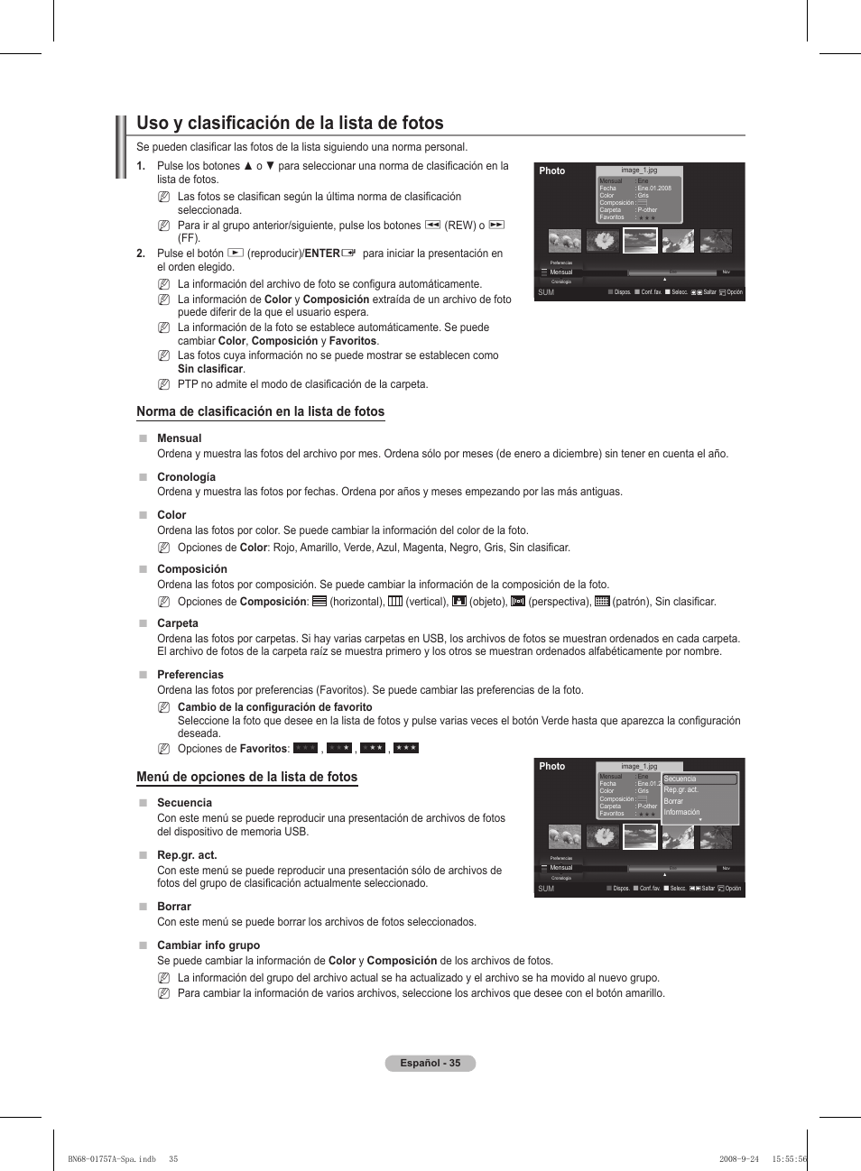 Uso y clasificación de la lista de fotos, Norma de clasificación en la lista de fotos, Menú de opciones de la lista de fotos | Samsung PS63A756T1MXXC User Manual | Page 305 / 337