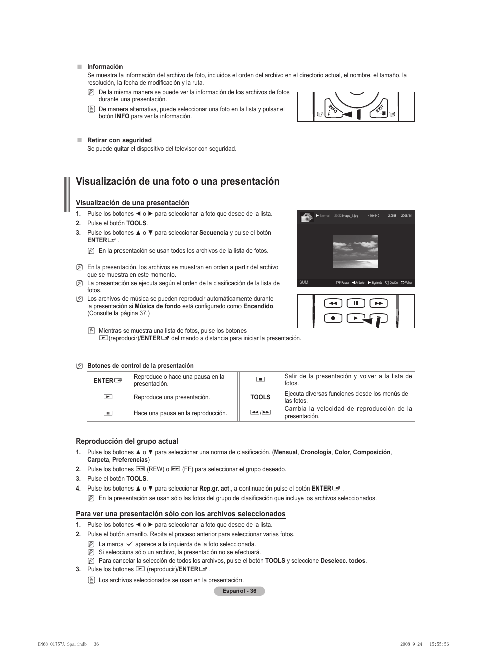Visualización de una foto o una presentación, Visualización de una presentación, Reproducción del grupo actual | Samsung PS63A756T1MXXC User Manual | Page 306 / 337