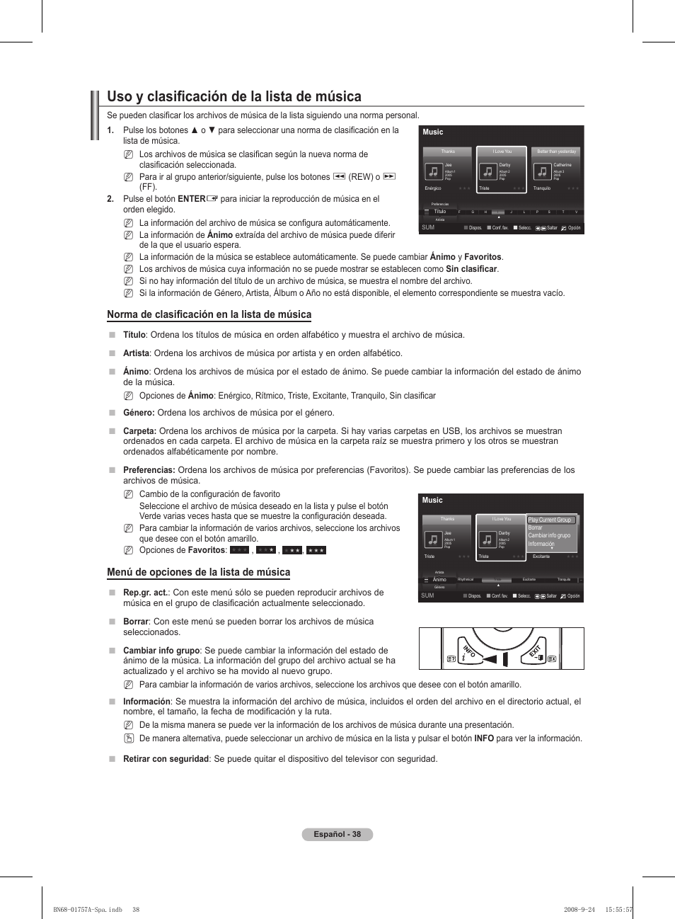 Uso y clasificación de la lista de música, Norma de clasificación en la lista de música, Menú de opciones de la lista de música | Rew) o, Ff). . pulse el botón enter | Samsung PS63A756T1MXXC User Manual | Page 308 / 337