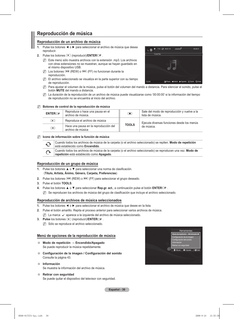 Reproducción de música, Reproducción de un archivo de música, Reproducción de un grupo de música | Reproducción de archivos de música seleccionados, Menú de opciones de la reproducción de música | Samsung PS63A756T1MXXC User Manual | Page 309 / 337