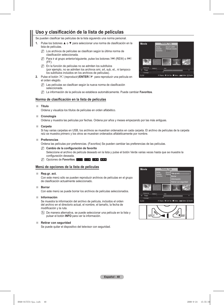 Uso y clasificación de la lista de películas, Norma de clasificación en la lista de películas, Menú de opciones de la lista de películas | Samsung PS63A756T1MXXC User Manual | Page 310 / 337