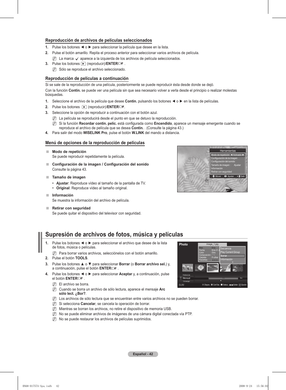 Supresión de archivos de fotos, música y películas, Reproducción de películas a continuación, Menú de opciones de la reproducción de películas | Samsung PS63A756T1MXXC User Manual | Page 312 / 337