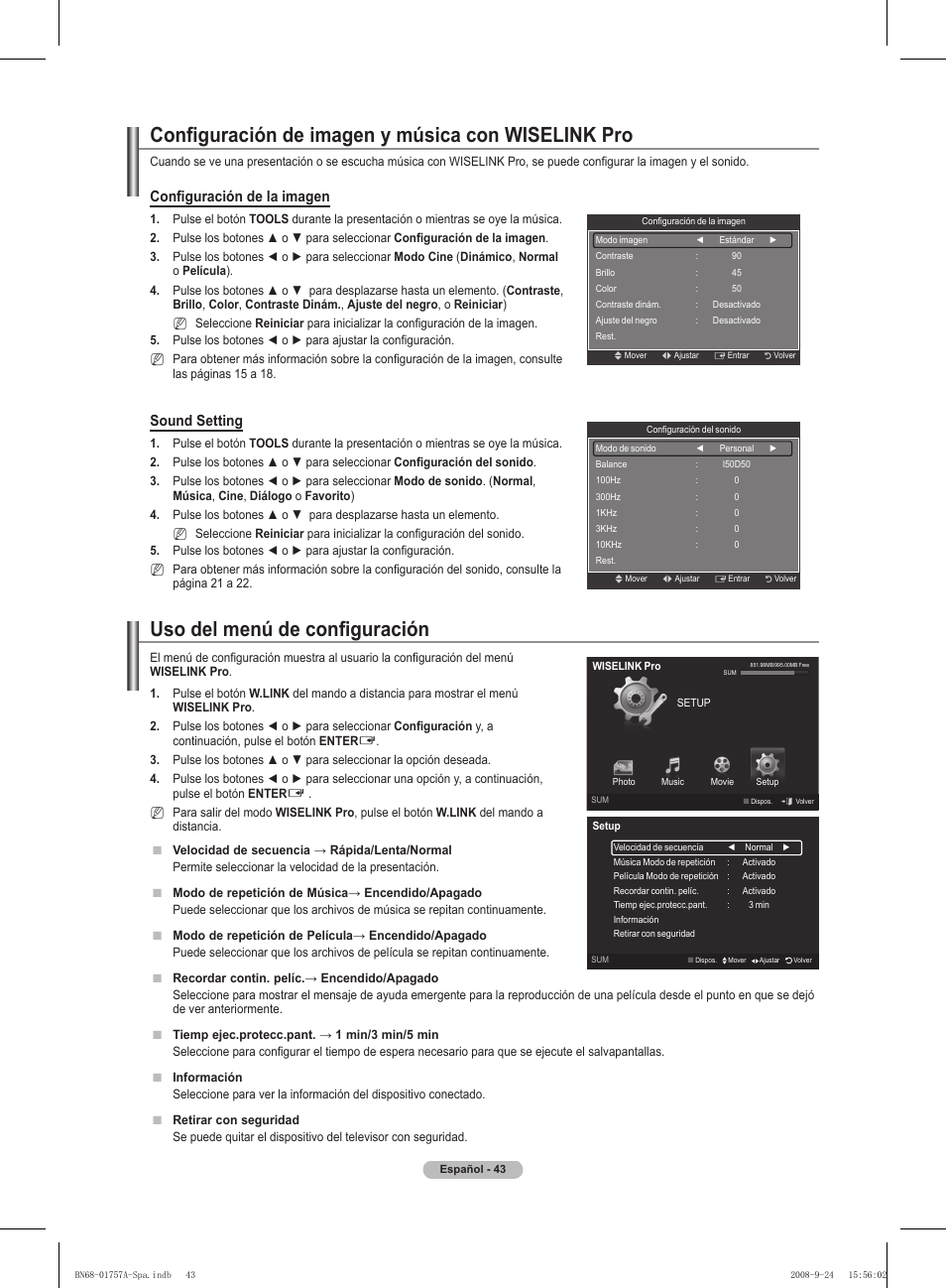Configuración de imagen y música con wiselink pro, Uso del menú de configuración, Configuración de la imagen | Sound setting | Samsung PS63A756T1MXXC User Manual | Page 313 / 337