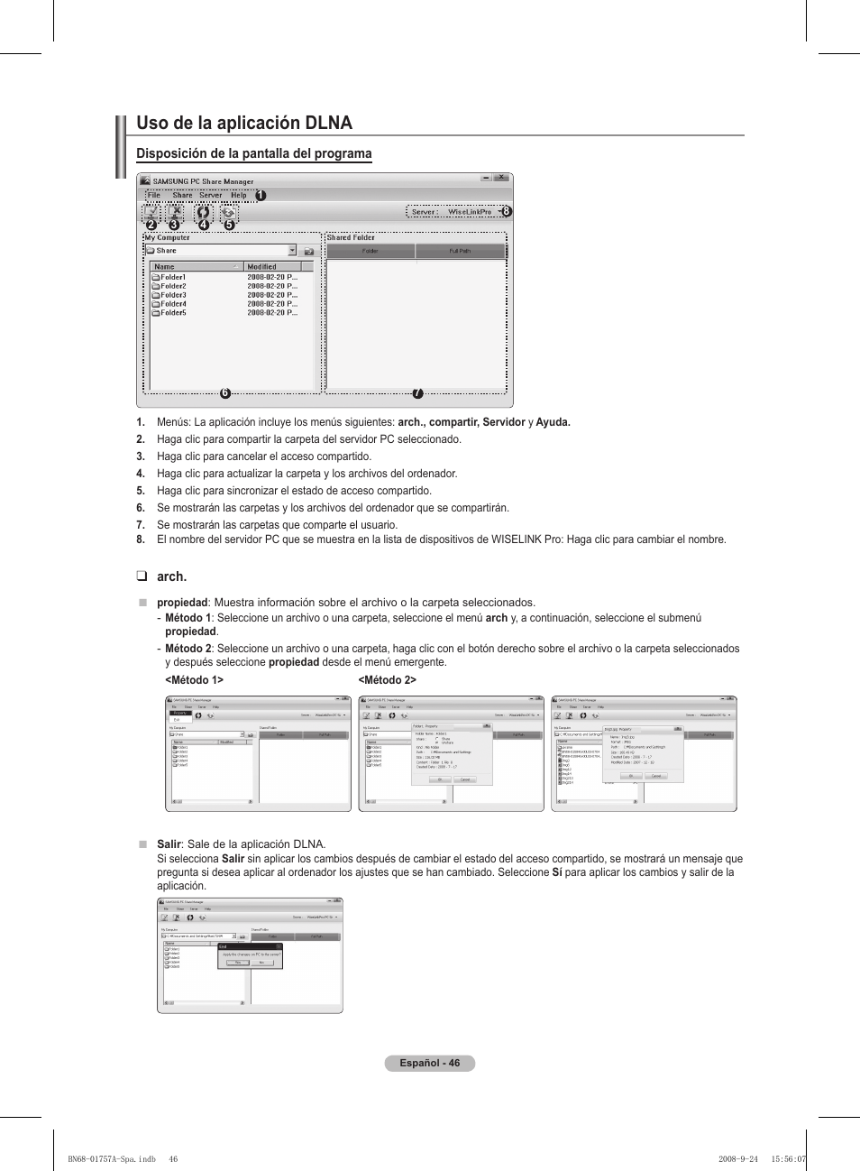 Uso de la aplicación dlna, Disposición de la pantalla del programa, Arch | Samsung PS63A756T1MXXC User Manual | Page 316 / 337
