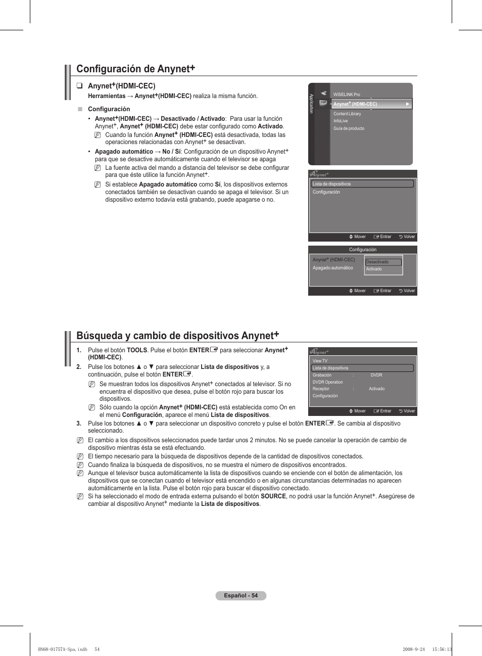 Búsqueda y cambio de dispositivos anynet, Configuración de anynet, Anynet+(hdmi-cec) | Samsung PS63A756T1MXXC User Manual | Page 324 / 337
