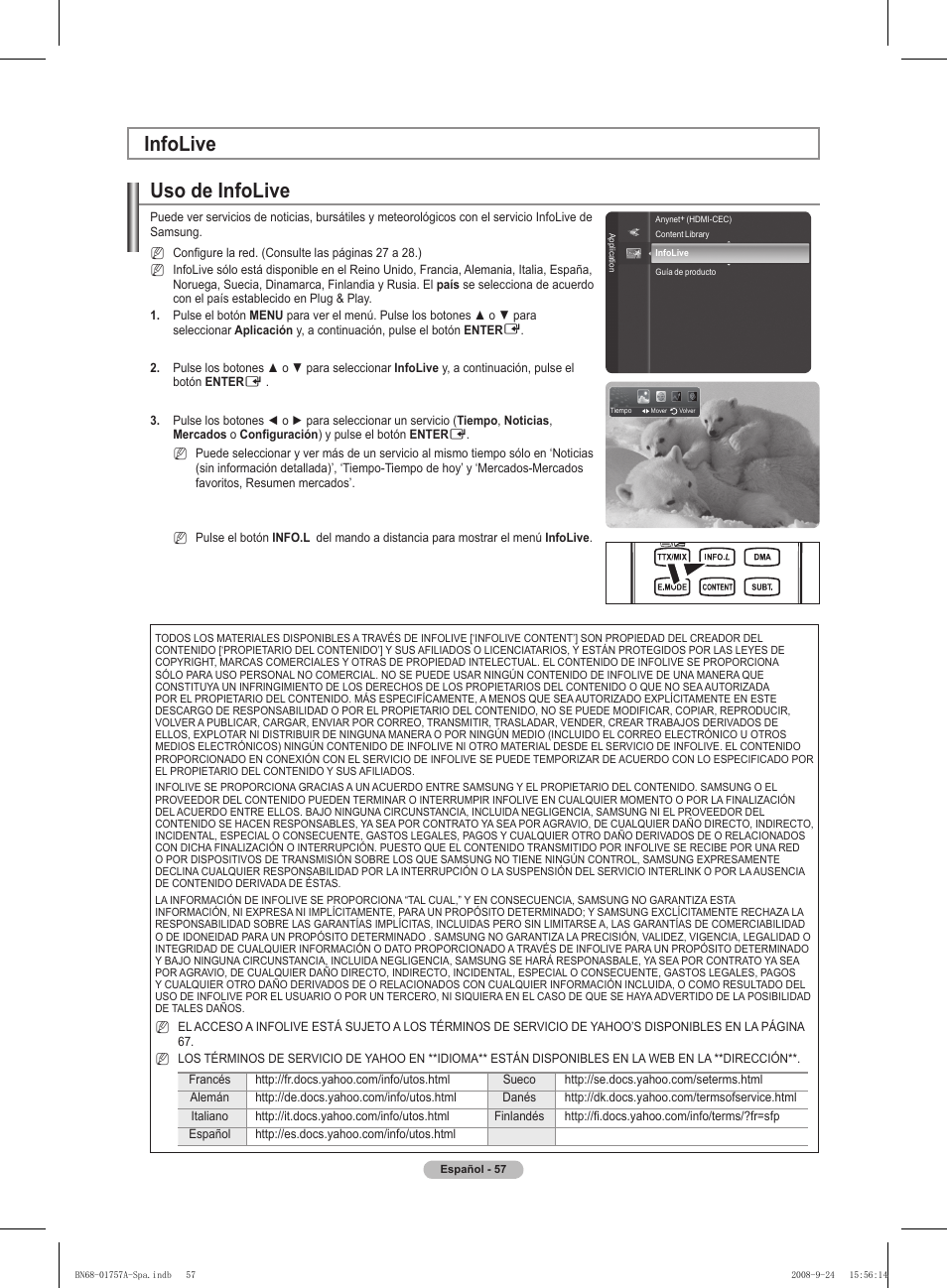 Uso de infolive, Infolive | Samsung PS63A756T1MXXC User Manual | Page 327 / 337