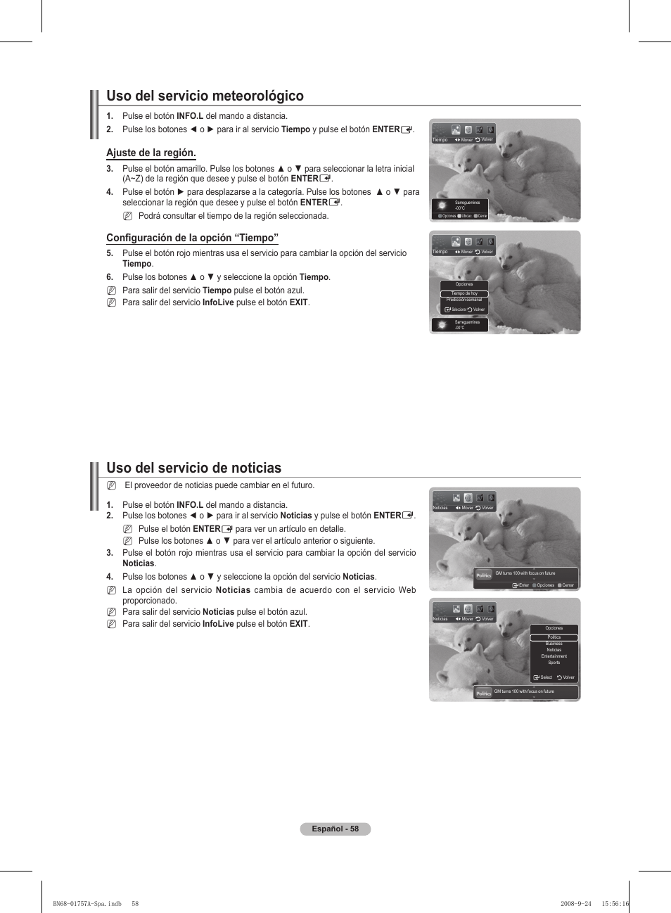 Uso del servicio de noticias, Uso del servicio meteorológico, Ajuste de la región | Configuración de la opción “tiempo | Samsung PS63A756T1MXXC User Manual | Page 328 / 337