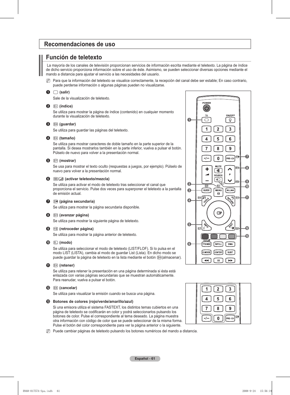 Recomendaciones de uso función de teletexto | Samsung PS63A756T1MXXC User Manual | Page 331 / 337