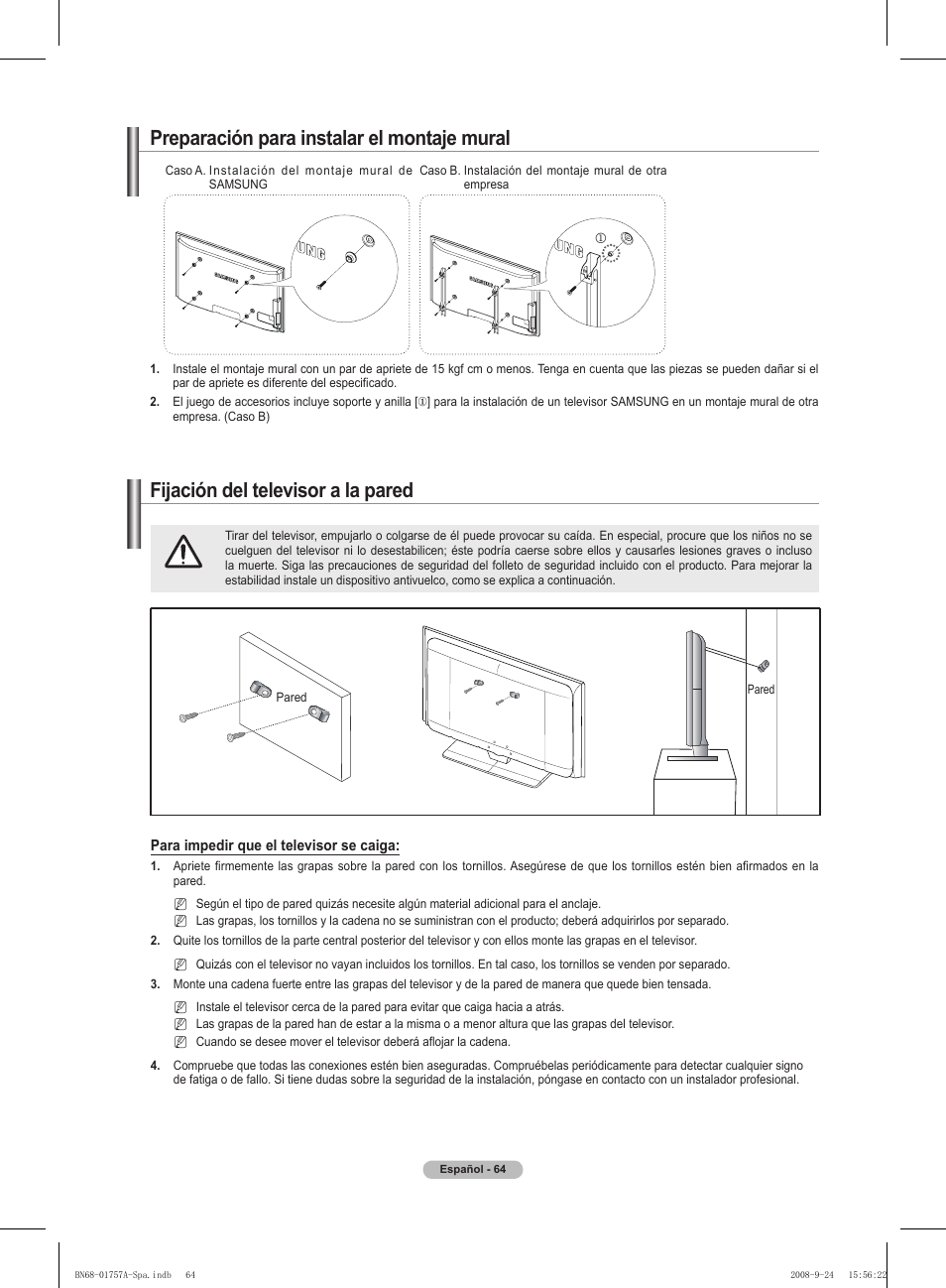 경고 주의 경고 주의, Preparación para instalar el montaje mural, Fijación del televisor a la pared | Samsung PS63A756T1MXXC User Manual | Page 334 / 337