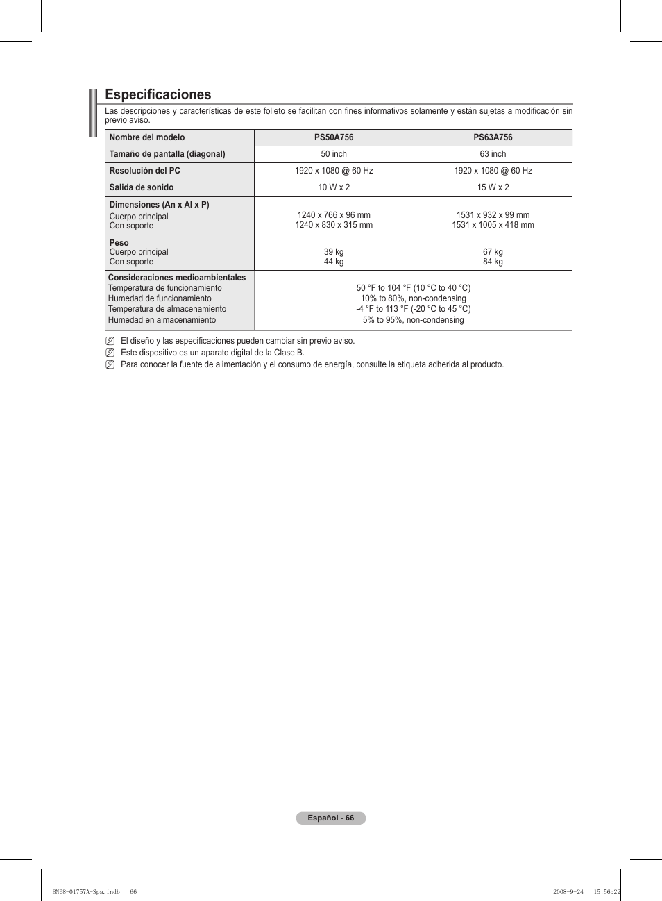 Especificaciones | Samsung PS63A756T1MXXC User Manual | Page 336 / 337
