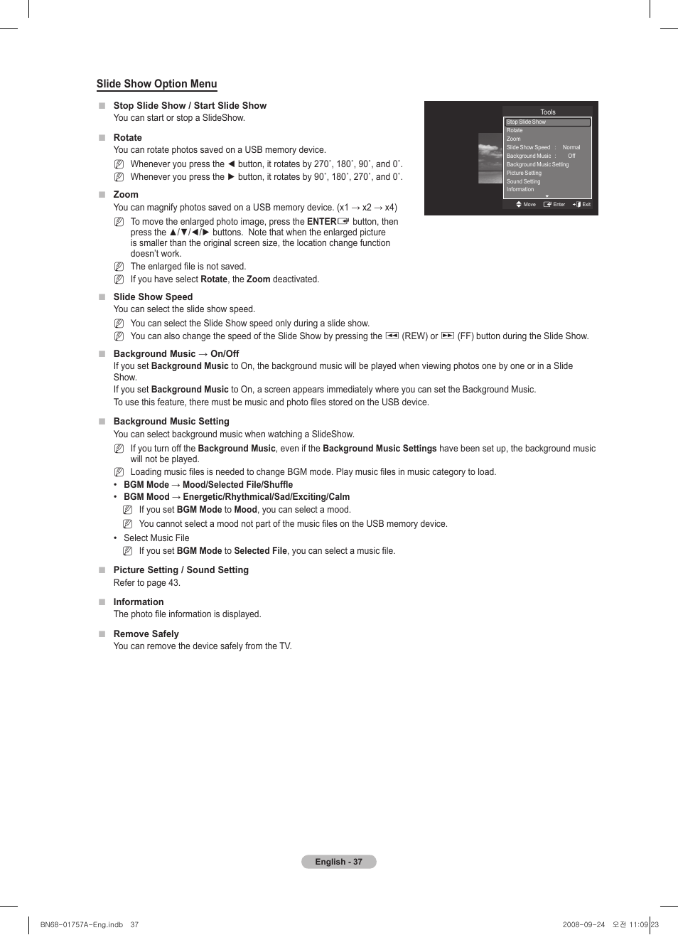Slide show option menu | Samsung PS63A756T1MXXC User Manual | Page 37 / 337