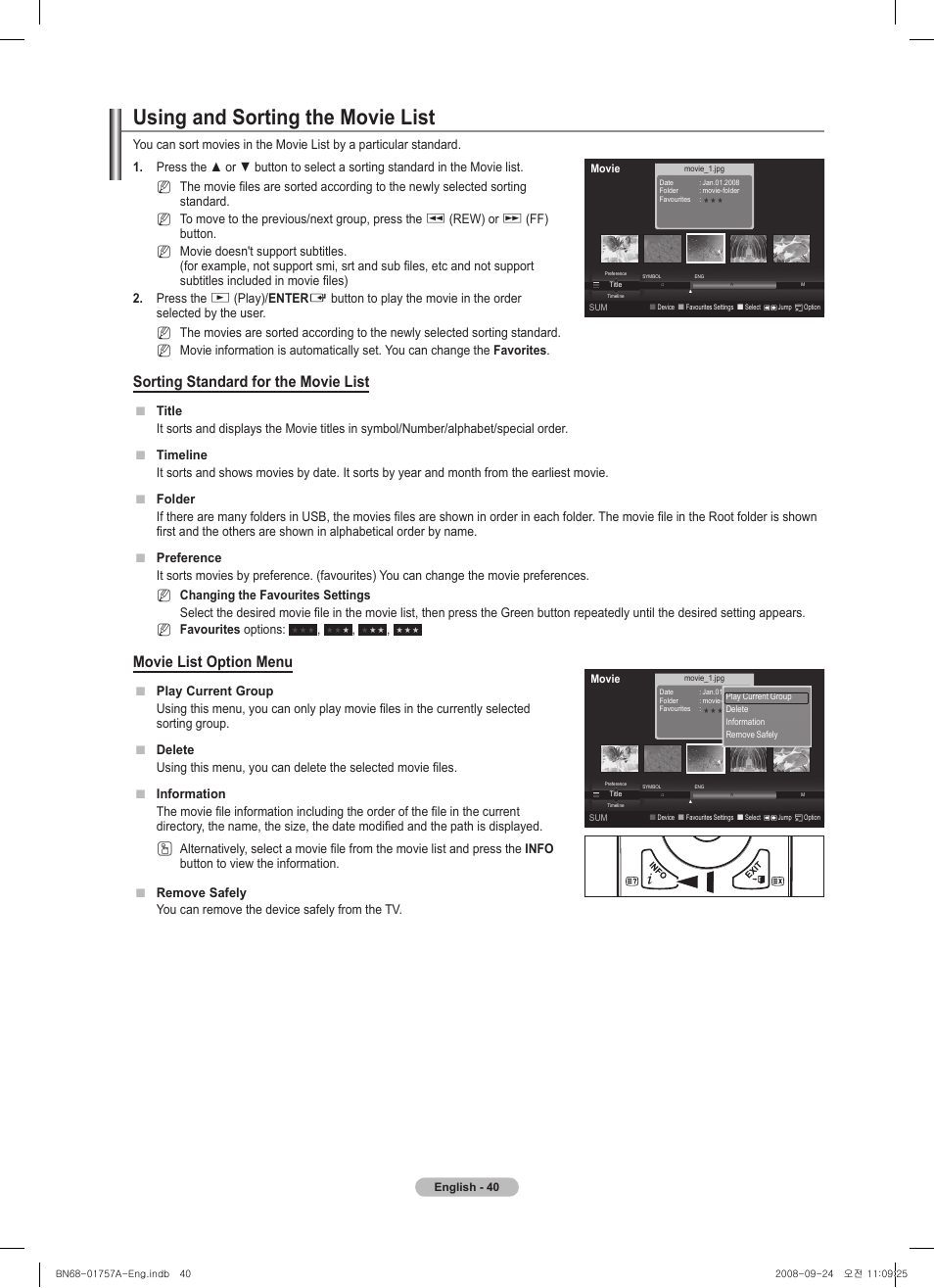 Using and sorting the movie list, Sorting standard for the movie list, Movie list option menu | Samsung PS63A756T1MXXC User Manual | Page 40 / 337
