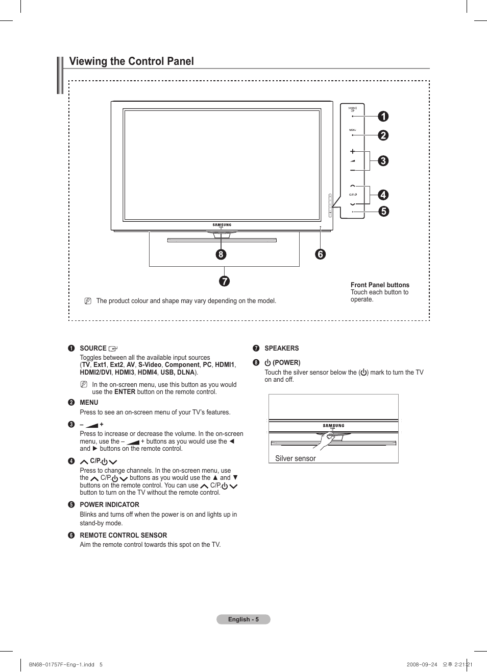 Viewing the control panel | Samsung PS63A756T1MXXC User Manual | Page 5 / 337