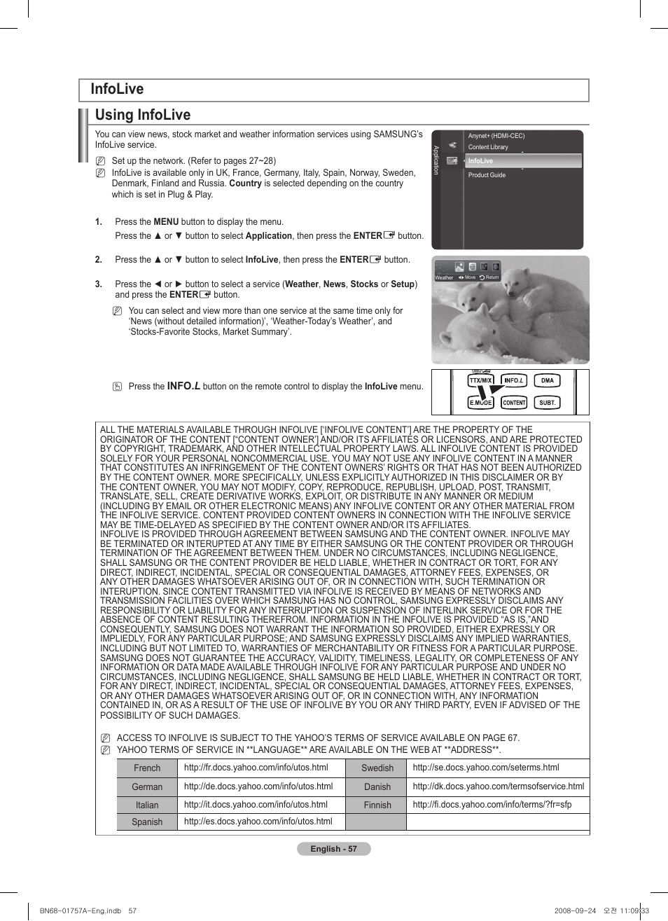 Using infolive, Infolive | Samsung PS63A756T1MXXC User Manual | Page 57 / 337