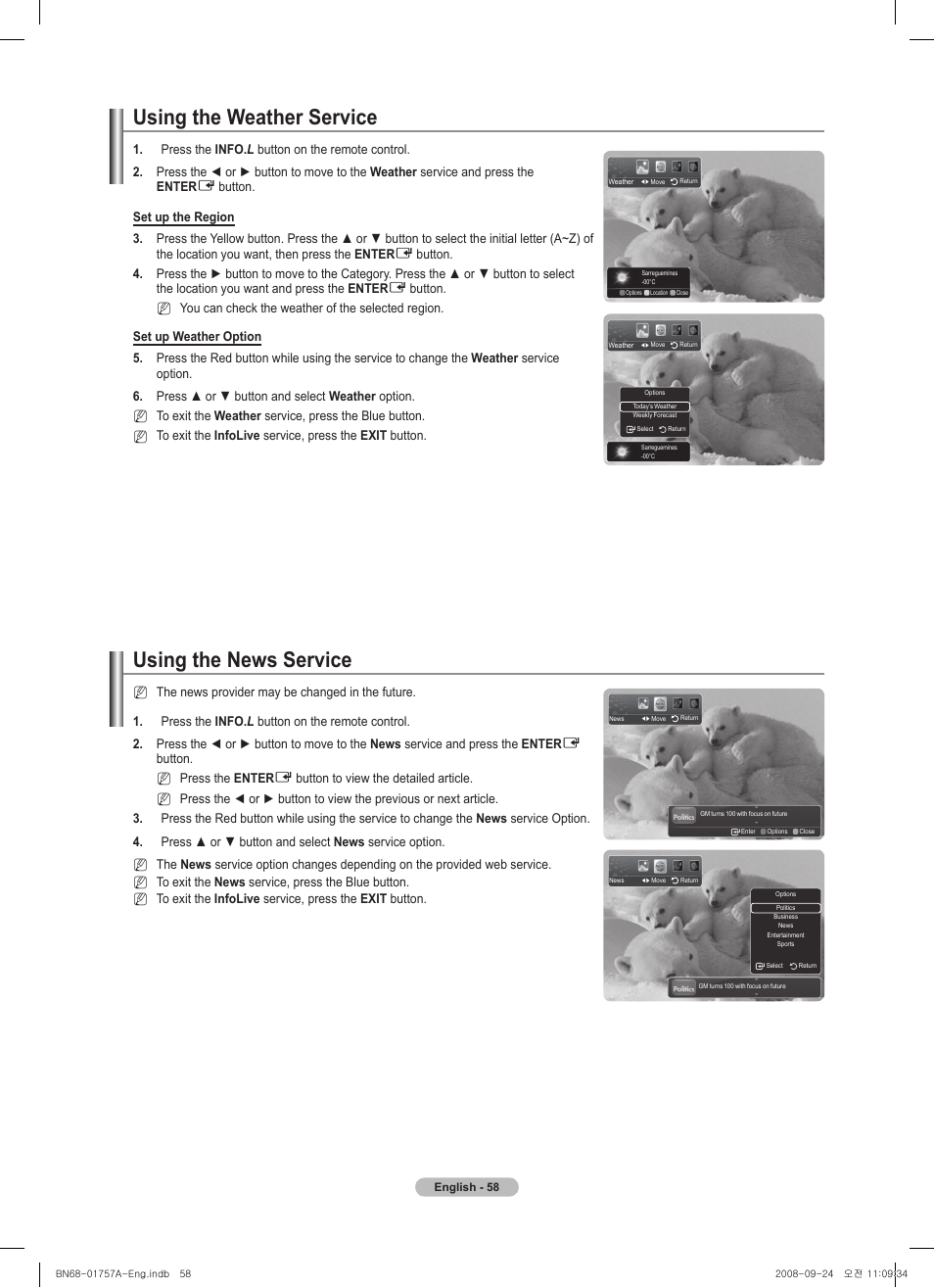 Using the news service, Using the weather service | Samsung PS63A756T1MXXC User Manual | Page 58 / 337