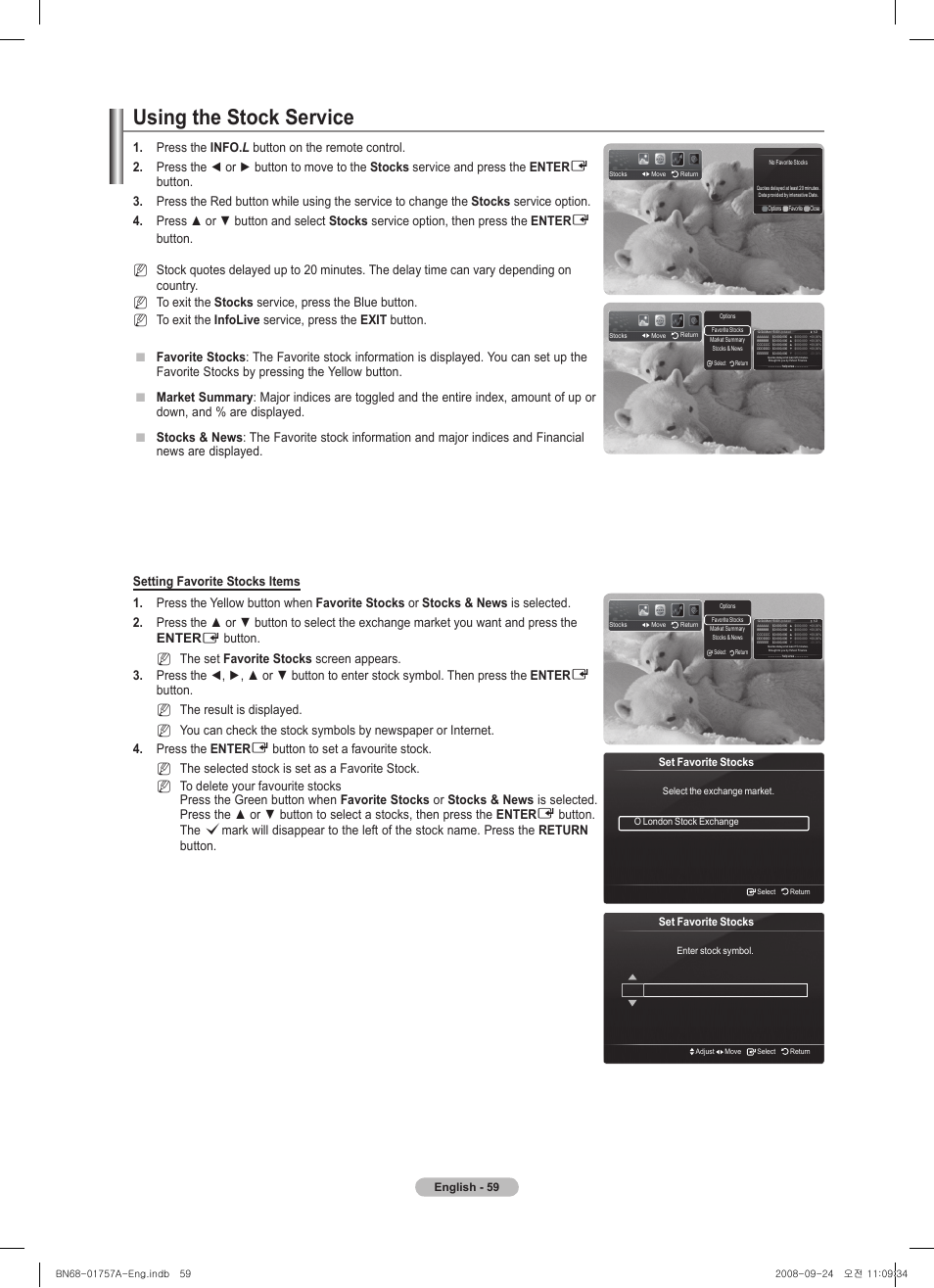 Using the stock service, English - 5, Set favorite stocks | Samsung PS63A756T1MXXC User Manual | Page 59 / 337