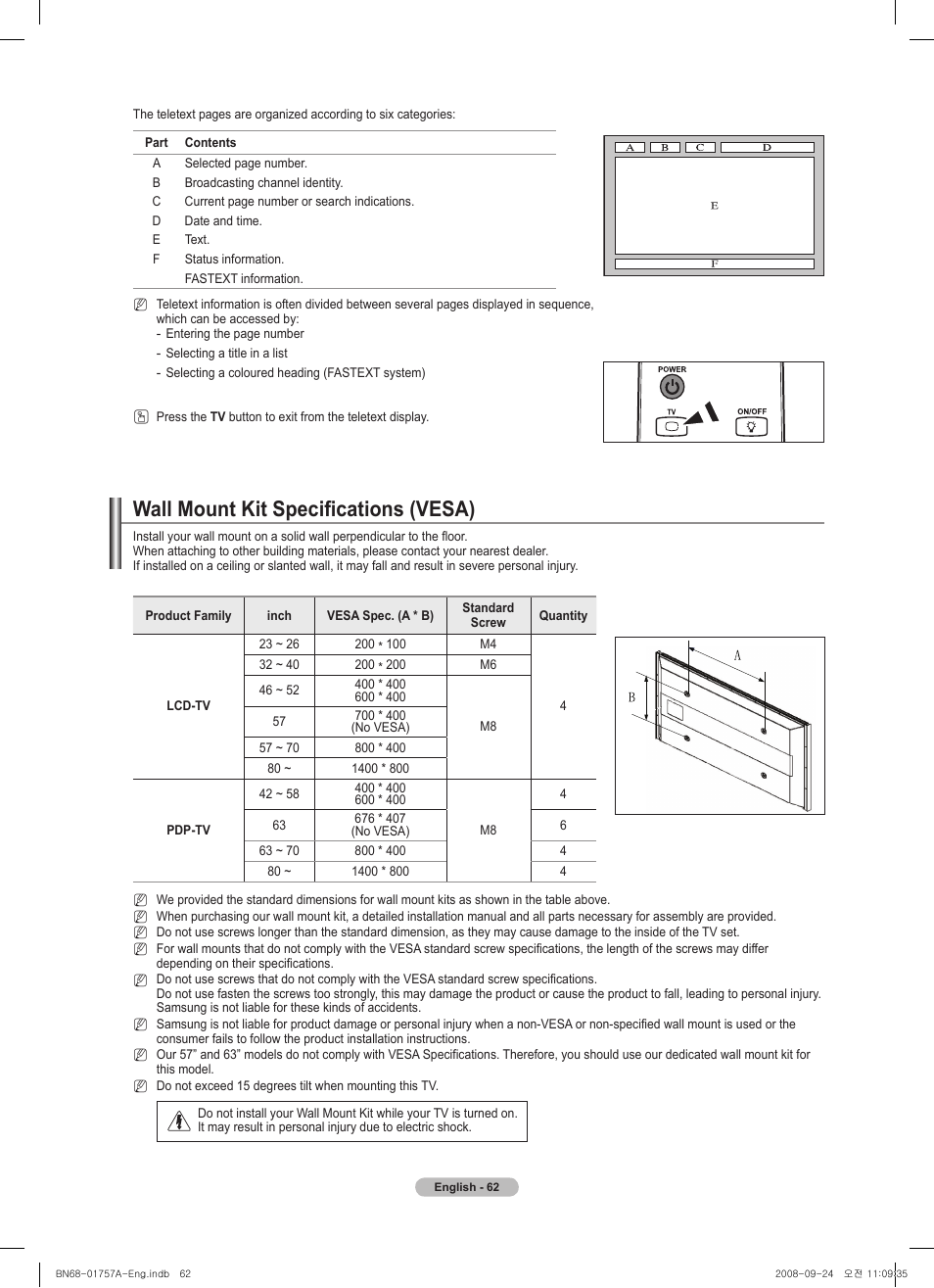 Wall mount kit specifications (vesa) | Samsung PS63A756T1MXXC User Manual | Page 62 / 337