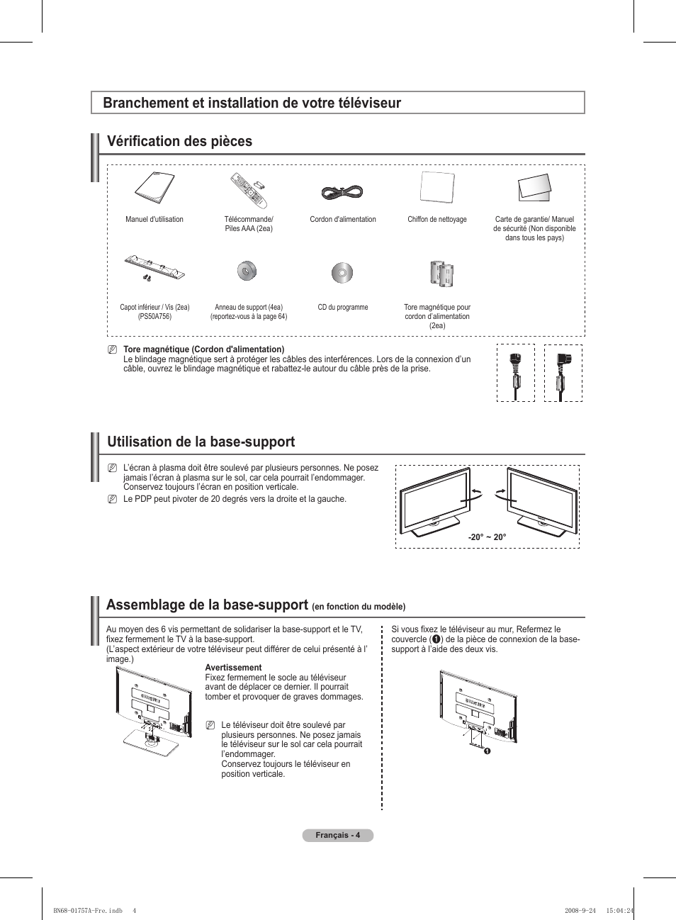 Assemblage de la base-support, Vérification des pièces, Utilisation de la base-support | Branchement et installation de votre téléviseur | Samsung PS63A756T1MXXC User Manual | Page 75 / 337