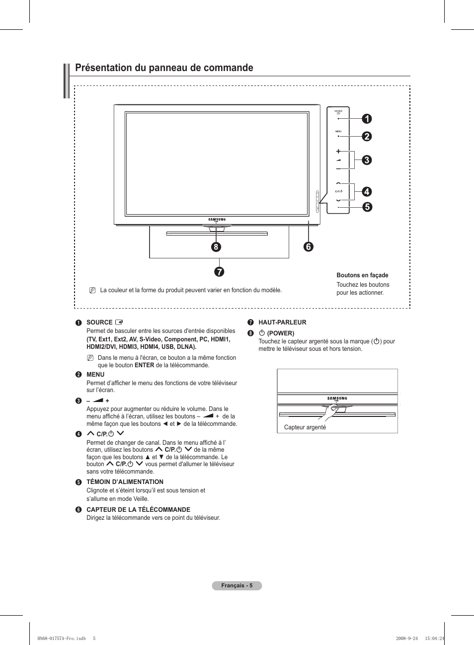 Présentation du panneau de commande | Samsung PS63A756T1MXXC User Manual | Page 76 / 337