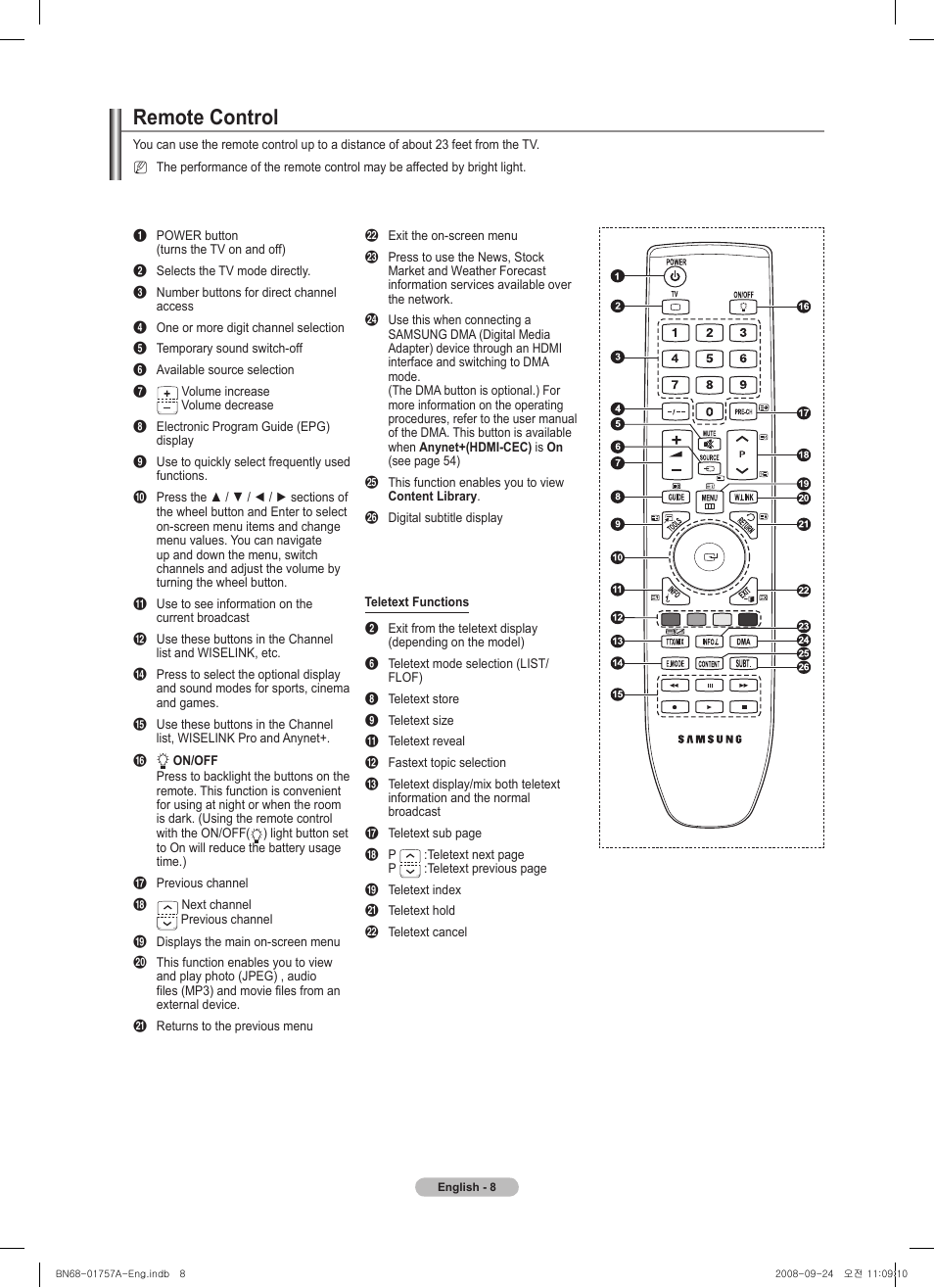 Remote control | Samsung PS63A756T1MXXC User Manual | Page 8 / 337