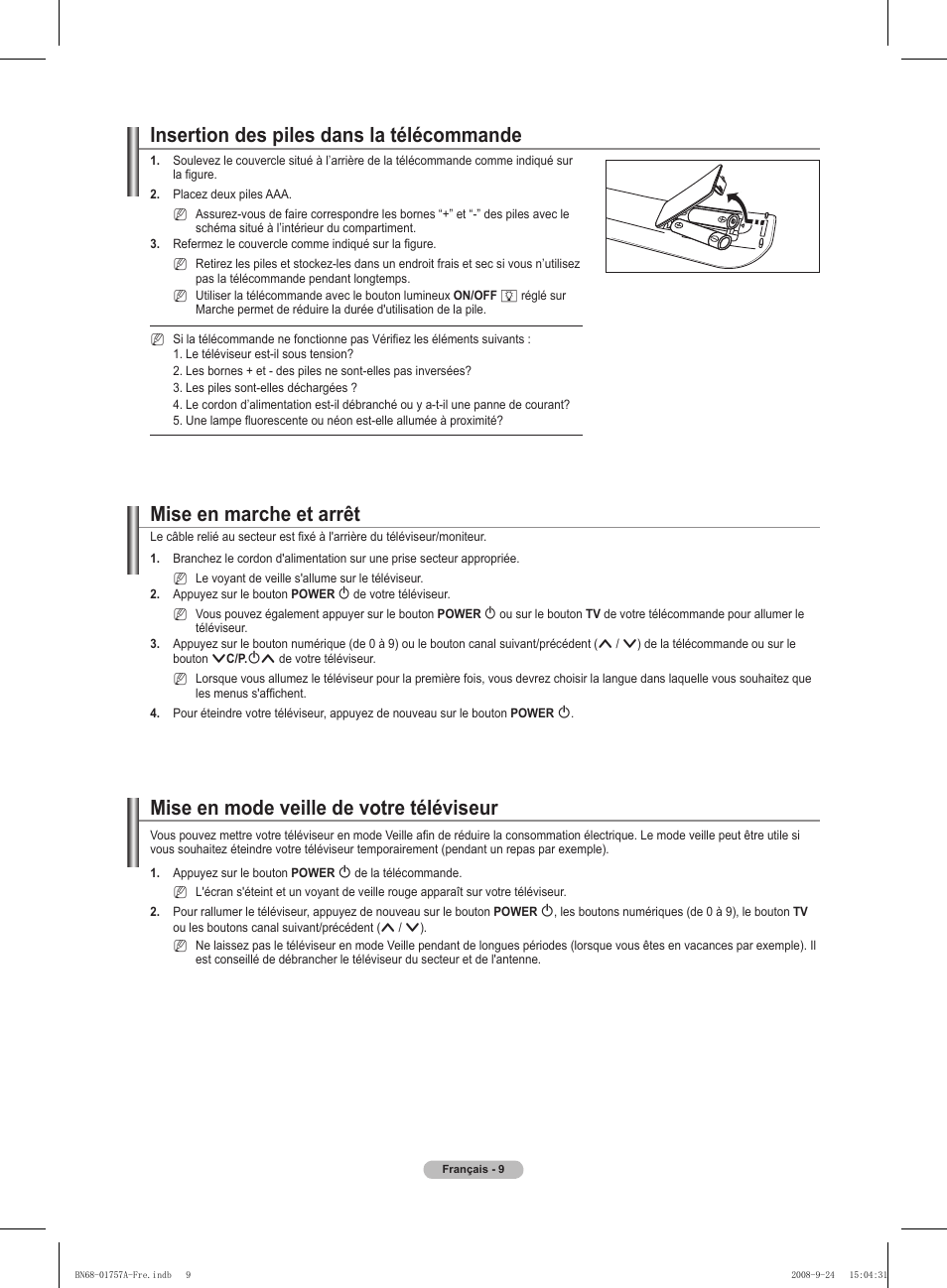 Insertion des piles dans la télécommande, Mise en marche et arrêt, Mise en mode veille de votre téléviseur | Samsung PS63A756T1MXXC User Manual | Page 80 / 337